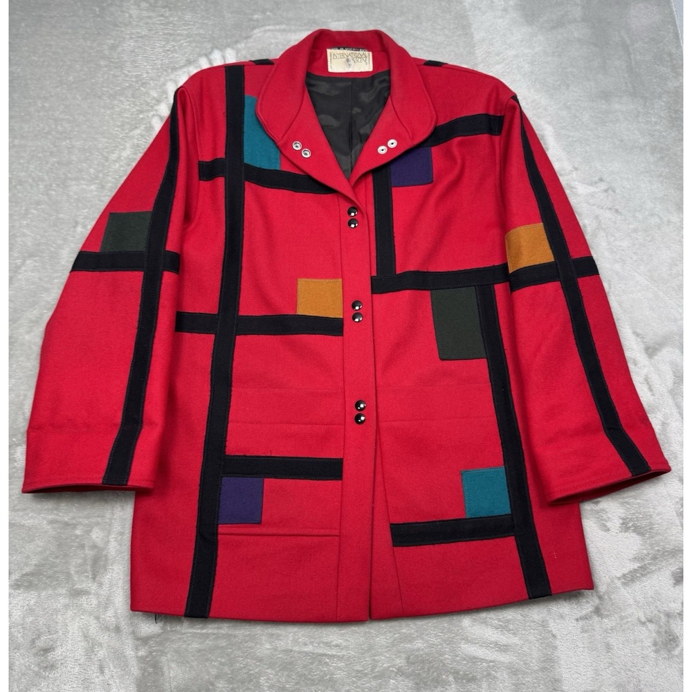 Vintage International Scene Jacket Womens 6 Wool Overcoat Patchwork Retro 80s